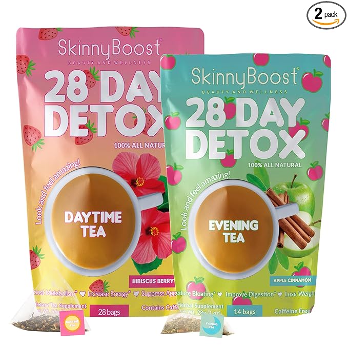 Skinny Boost Detox Tea Kit- 2 PACK –1 Daytime HIBISCUS (28 Bags) + 1 Evening APPLE CINNAMON-(14 Bags) – Herbal Detox for Energy, Bloating & Colon Cleanse – Green Tea, Vegan, Keto, Non-GMO, Sugar-Free - Bloomnest