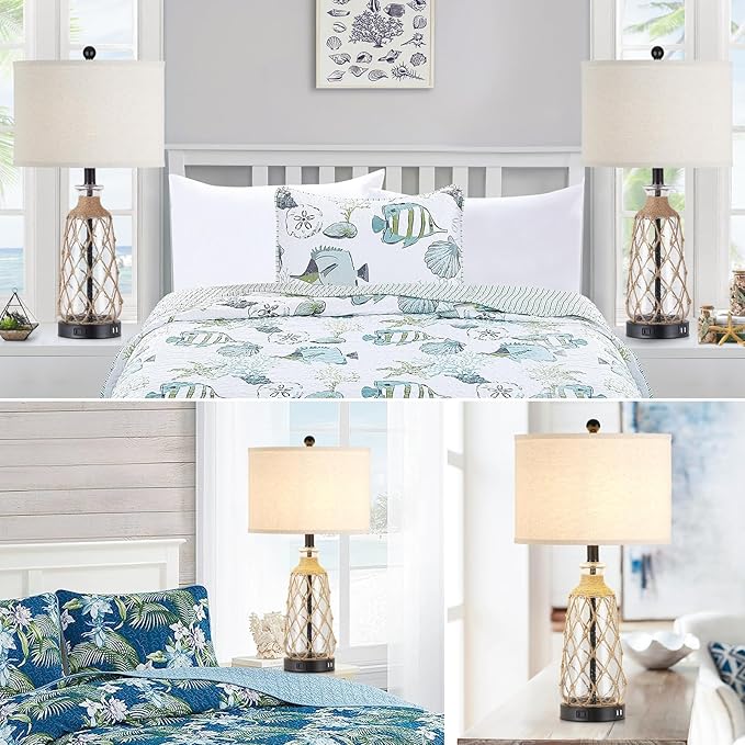 25.5" Coastal Glass Table Lamps Set of 2, 3-Way Dimmable Touch Control Bedside Lamps with 2 USB Ports and AC Outlet, Clear Nautical Nightstand Lamp for Bedroom Living Room (LED Bulbs Included) - Bloomnest