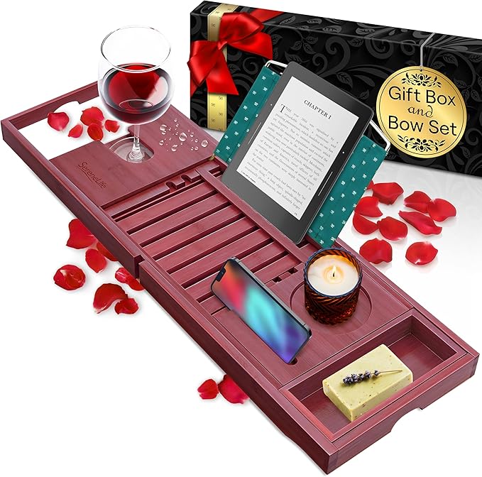 SereneLife Premium Bathtub Tray Caddy with Gift Box and Bow Set, Expandable Bath Tray, Unique House Warming Gifts for Mom, Women, Wedding, Anniversary, Bridal Shower, Fit for All Tub - Stain Brown - Bloomnest