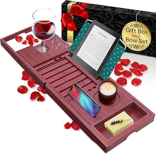 SereneLife Premium Bathtub Tray Caddy with Gift Box and Bow Set, Expandable Bath Tray, Unique House Warming Gifts for Mom, Women, Wedding, Anniversary, Bridal Shower, Fit for All Tub - Stain Brown - Bloomnest
