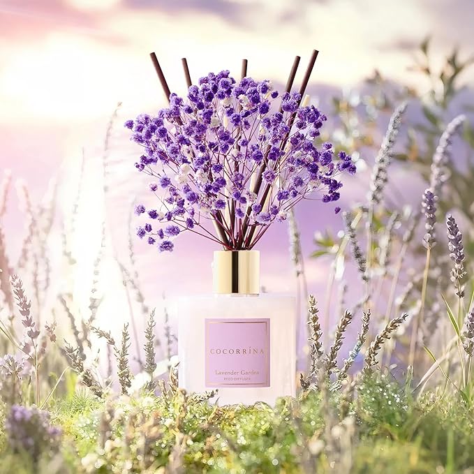 COCORRÍNA Reed Diffuser - Lavender Garden 6.7 Fl.oz Reed Diffuser Set with Sticks & Preserved Baby's Breath, Reed Diffuser for Home Bathroom Shelf Decor - Bloomnest