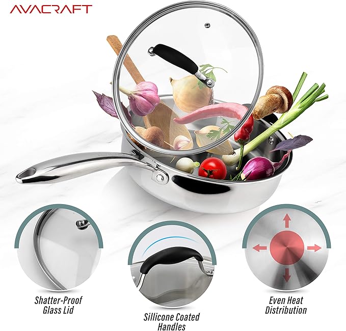AVACRAFT 18/10 Tri-Ply Stainless Steel Saute Pan with Lid, Helper Handle, Induction & Stovetop, Versatile Stainless Steel Skillet, Cookware (3.5 Quarts) - Bloomnest