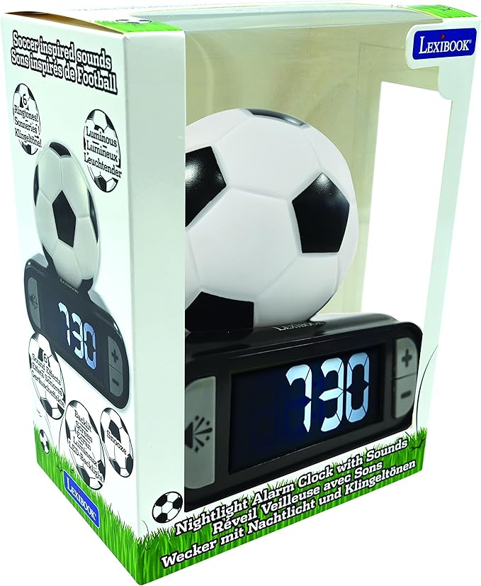 LEXiBOOK - Soccer Ball Digital Alarm Clock with Night Light Snooze, Clock, Luminous Soccer Ball, Black Colour - RL800FO - Bloomnest