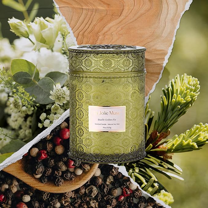 LA JOLIE MUSE Christmas Candles, Starlit Golden Fir Candle – Pine, Cedarwood, Fir Balsam | 19 oz Large Wooden Wick Candle | Natural Soy Wax | 90 Hours Clean Burn | Gift-Ready for Hosts & Gatherings - Bloomnest