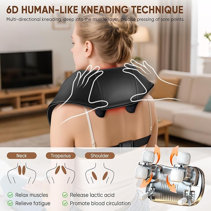 Shiatsu Neck and Back Massager, Shoulder Massager for Pain Relief Deep Tissue, Cordless 4D Deep Tissue Kneading Massage Pillow with Heat for Neck, Back, Legs, Shiatsu Massager Gifts for Men Women