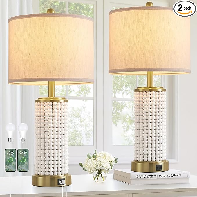 Wood Beaded Table Lamp Set of 2 for Living Room Bedroom Touch Control 3-Way Dimmable 24.5" Farmhouse Table Lamps Rustic Nightstand Bedside Lamps(2 Bulbs Included) - Bloomnest