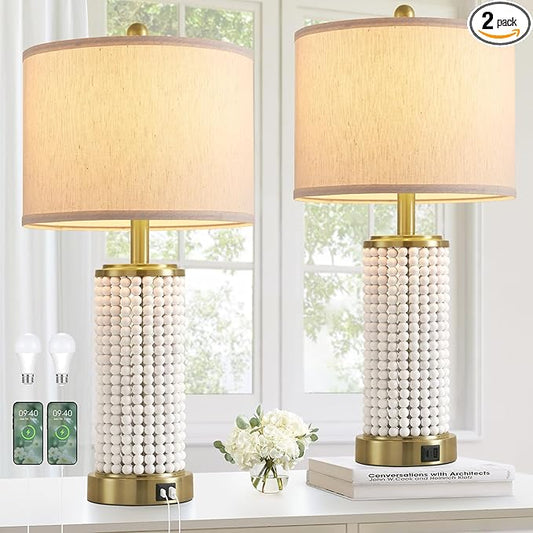 Wood Beaded Table Lamp Set of 2 for Living Room Bedroom Touch Control 3-Way Dimmable 24.5" Farmhouse Table Lamps Rustic Nightstand Bedside Lamps(2 Bulbs Included) - Bloomnest