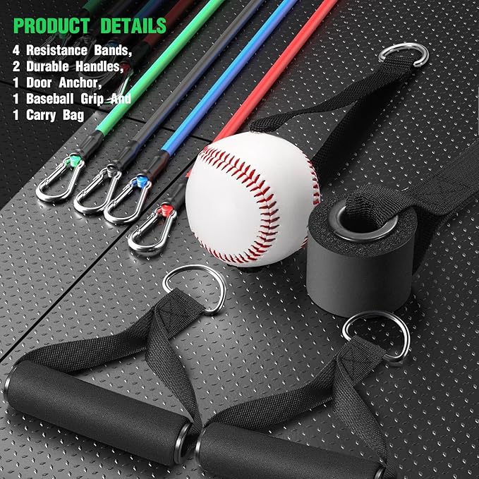 TOBWOLF 4PCS Baseball Exercise Bands with Interchangeable Grips, Baseball Resistance Trainer for Pitching & Throwing, Training Aid for Baseball Softball Pitchers to Build Arm Strength, Warm-Up - Bloomnest