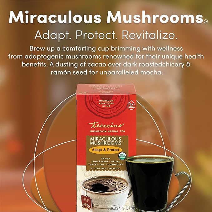 Teeccino Miraculous Mushrooms Adapt & Protect Herbal Tea By Teeccino, 25 Tea Bags - Five Organic Adaptogenic Mushrooms with Chicory & Cacao, 3x More Herbs than Regular Tea Bags, Caffeine Free, Prebiotic - Bloomnest