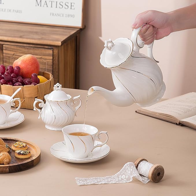 Tea Set 21-Piece Porcelain tea cups and saucers set of 6 with Sugar and Creamer Set & Teapot,teapot set for Adults, Women Tea Party,White - Bloomnest