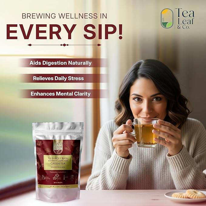 Tulsi Ashwagandha Green Tea Bags (50 Count), Green Tea with Tulsi, Ashwagandha, Lemongrass and Black Pepper, Caffeinated, Real and Natural Green Tea, Blended with Fresh Herbs and Spices, Gluten Free - Bloomnest
