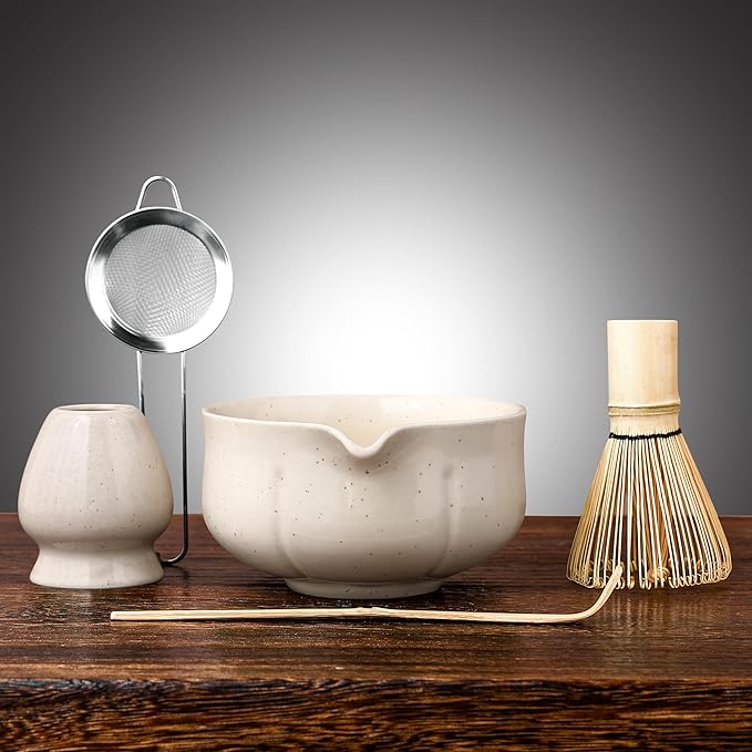 Matcha Whisk Set – 5 Piece Japanese Matcha Tea Set w/Ceramic Matcha Bowl, 100-Prong Bamboo Whisk & Holder, Scoop, & Stainless Sifter – Traditional Matcha Making Kit (Off-White) - Bloomnest