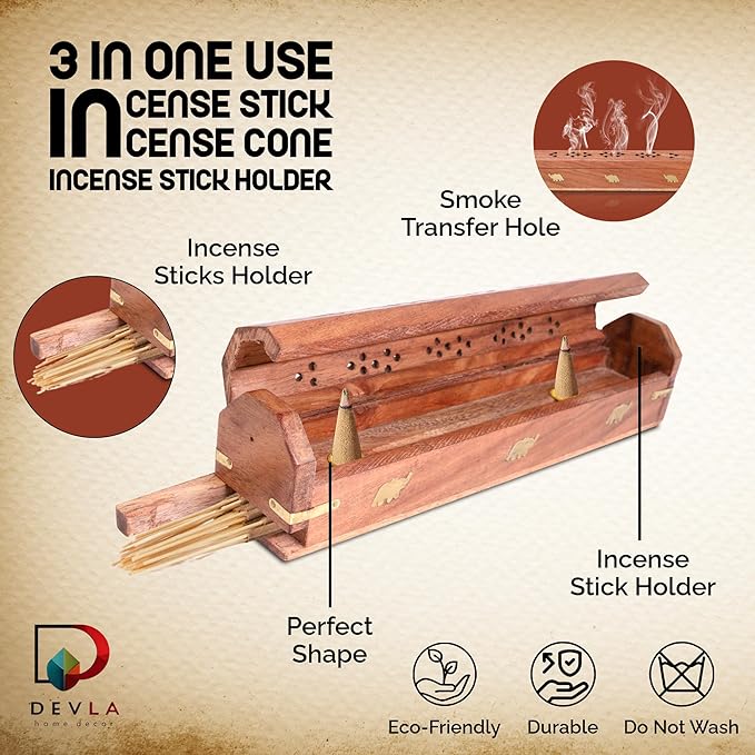 DEVLA Beautiful Handmade Wooden Brown Incense Stick Holder Burner Storage Coffin Box - Ash Catcher with Brass Inlay Good for Peace and Your Mental Health 12x2.5x2.5 inch - Bloomnest