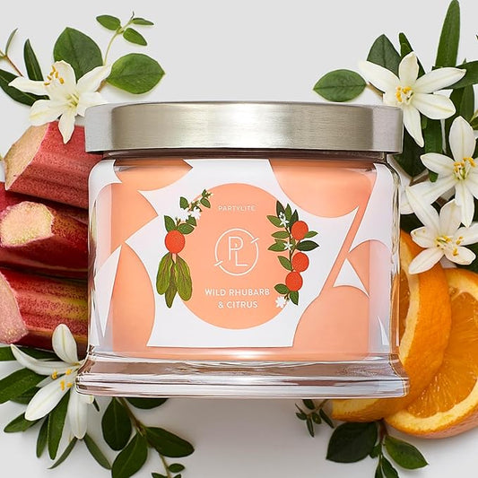 PartyLite Wild Rhubarb & Citrus Scented, Notes of Jasmine, Rhubarb and Creamy Sandalwood and White Musk, 13.2oz 3-Wick Jar Candle, 45 Hour Burn Time, Luxurious Fragrance, Ideal for Gifting - Bloomnest