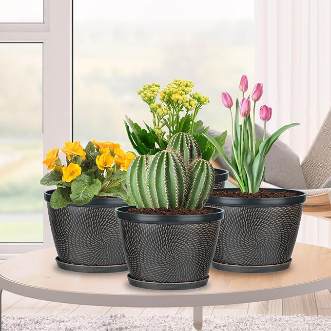 Quarut 4 Pack 8 Inch Flower Pots for Outdoor Indoor, Plastic Plant Pots with Drainage Hole & Saucer, Lightweight Small Flower Pot, Circle Pattern Planters for Garden House planters（Black Copper） - Bloomnest