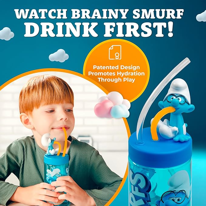 Brainy Smurf Cup, Water Bottle, Tumbler with Lid and Straw, Travel Sippy Cup for Water or Milk, Cups with Lids BPA Free Plastic, 12 oz - Bloomnest