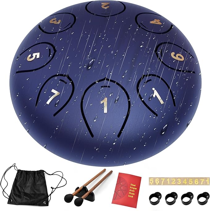 Steel Tongue Drum 6 Inch 8 Notes, Rain Drums for Outside C major, Hang Instrument, Handpan for Kids, Ethereal Hand Pan for Meditation Yoga Musical Education, Deep Blue - Bloomnest