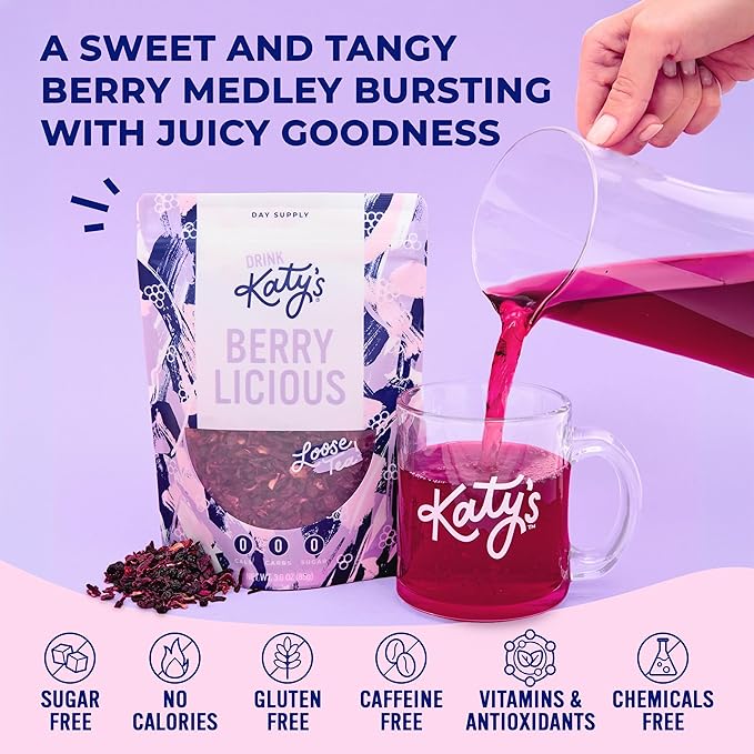 Katy’s® Berrylicious Loose Leaf Tea | Hibiscus, Blueberry & Cranberry | Fruity Herbal Tea | Caffeine-Free Fruit Tea | Cold Brew or Hot | 30+ Cups | Antioxidant-Rich | Woman-Owned | 3oz Pouch - Bloomnest