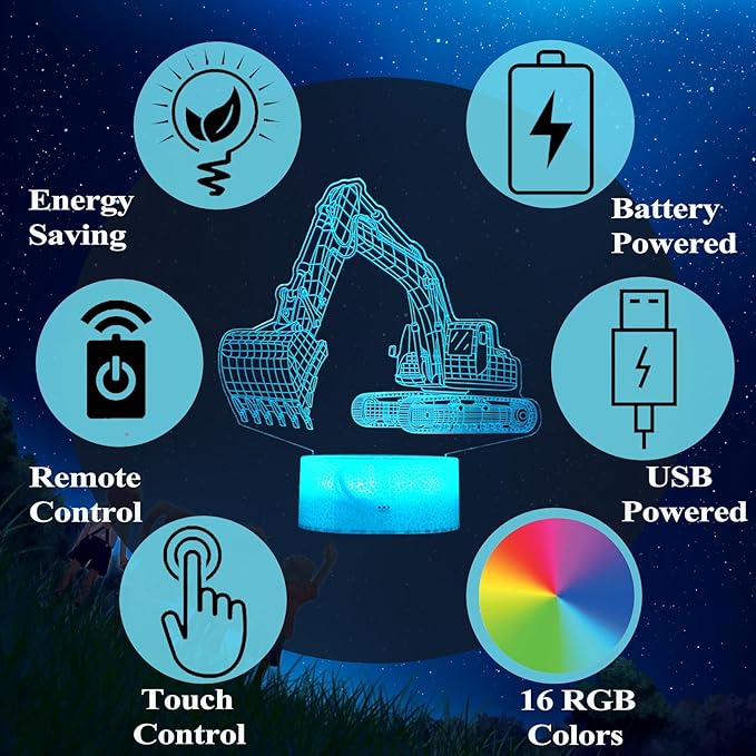 Excavator 3D Illusion Lamp for Kids, Excavator Night Light, Construction Vehicle Gifts with RGB 16 Colors Changing, Remote Control, Dimmable, Kids Room Decoration, Xmas Gifts - Bloomnest