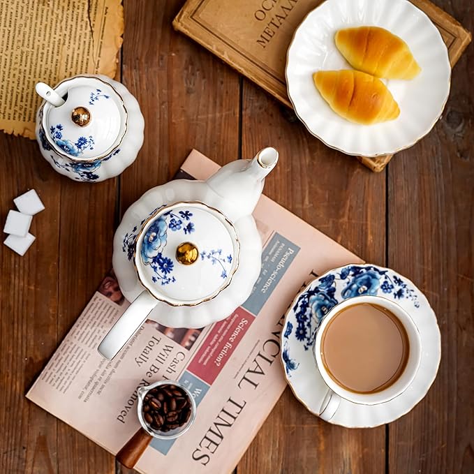 Tea Pot, Porcelain Teapot 37oz,tea pots for tea party,Tea Infuser Pots for Blooming loose Leaf Tea (White with blue flower) - Bloomnest