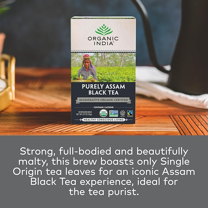 Organic India Purely Assam Black Tea - Caffeinated Herbal Tea Bags with Natural Assam Leaves, Enjoy with Milk & Sweetener, USDA Organic, Non-GMO, Fairtrade Certified - 18 Bags (Pack of 3) - Bloomnest