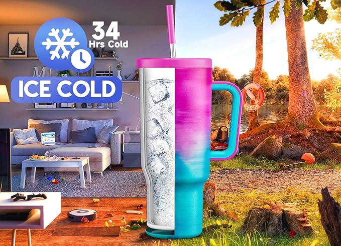 Meoky 40 oz Tumbler with Handle and Straw, Tumbler with Lid and Straw, Insulated Stainless Steel Travel Mug, 100% Leak-proof, Keeps Cold for 34 Hours or Hot for 10 Hours (Marshmallow) - Bloomnest