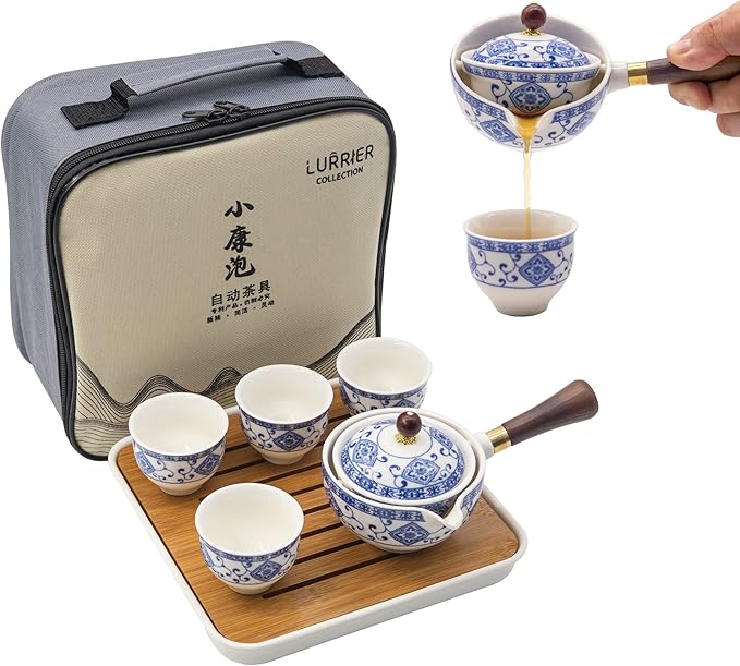 LURRIER Porcelain Chinese Gongfu Tea Set,Portable Teapot Set with 360 Rotation Tea maker and Infuser,Portable All in One Gift Bag for Travel,Home,Gifting,Outdoor and Office (Floral White) - Bloomnest
