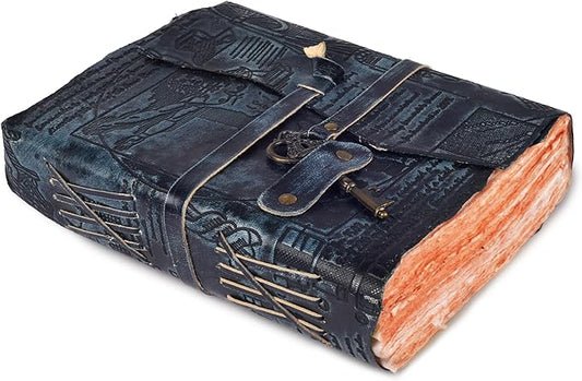 LEATHER VILLAGE Genuine Leather Handmade Journal for Men & Women – Vitruvian Man Embossed Cover – Key Closure – Book of Shadow – Vintage Deckle Edge Paper for Writing, Drawing – 7x5 Inches – Turquoise - Bloomnest