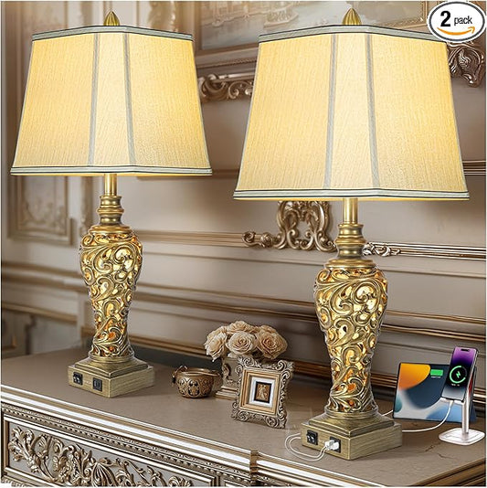 28.5'' Table Lamps Set of 2 for Living Room, Vintage Bedside Lamps with USB A+C Ports & Nightlight, Farmhouse Nightstand Lamps with Faux Silk Shade for Bedroom, Study Room, Office (LED Bulbs Included) - Bloomnest