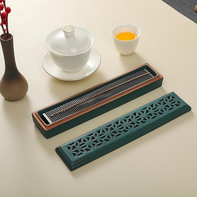 CEREMONY Incense Holder,Ceramic Incense Holder for Sticks with Ash Catcher,Coffin Style Incense Box,Incense Burner for Meditation Yoga Spa Room Decor(Green)