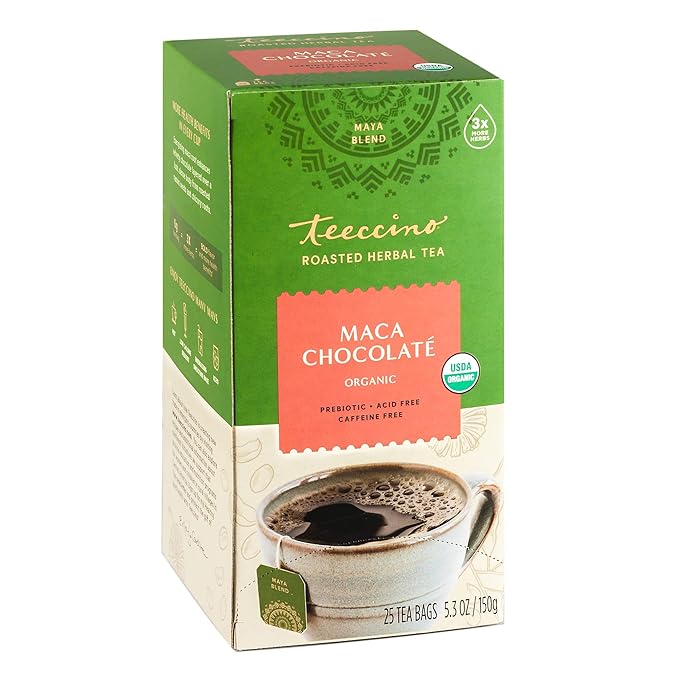 Teeccino Maca Chocolaté Herbal Tea - Rich & Roasted Herbal Tea That’s Caffeine Free & Prebiotic with Natural Energy from Adaptogenic Peruvian Maca, 25 Tea Bags - Bloomnest