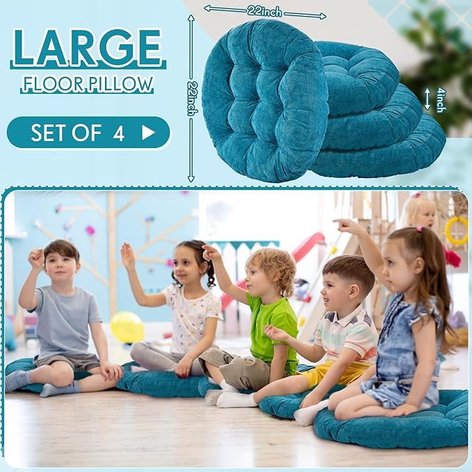 Jerify Floor Pillow Cushions 22 x 22 Inch Round Square Large Meditation Floor Pillow for Classroom Adult Meditation Picnic Party Cushion for Seating Gift Christmas(Round,Aquamarine,4 Pcs) - Bloomnest