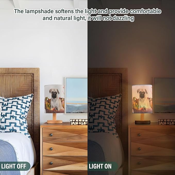 Table Lamp Pug Puppy Autumn Maple Leaf Nightstand Lamp with Wood Base Fabric Lamp Shade Bedside Desk Lamp for Living Room Bedroom Kids Room Office - Bloomnest