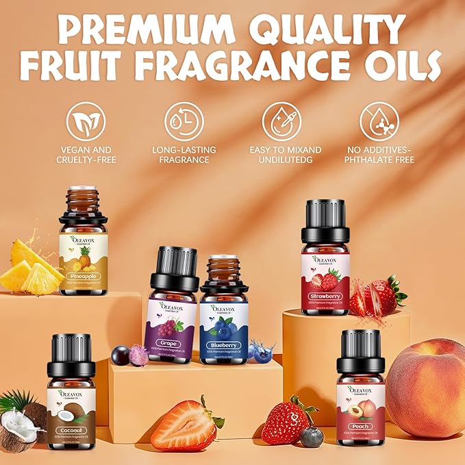 Fruity Essential Oils Gift Set, Premium Fragrance Oil for Candle & Soap Making, Coconut, Strawberry, Pineapple, Mango, Peach, Apple,10x5ml Fruit Aromatherapy Diffuser Oils for Home - Bloomnest