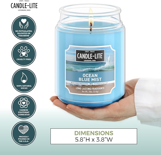Candle-lite Scented Candles, Ocean Blue Mist, 18 oz Jar, Proudly Poured in The USA, Aromatherapy Candle, Single-Wick with 110 Hours of Burn Time, Perfect for Creating a Relaxing Ambiance - Bloomnest