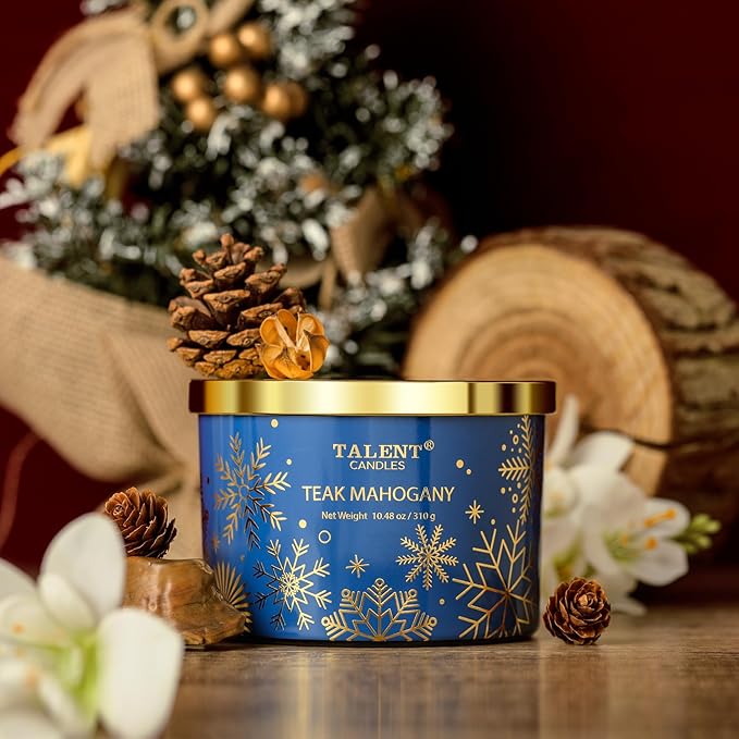 Christmas Candles, Large 3 Wick Jar Candles, Christmas Scented Candles Gifts for Women, Christmas Gift Ideas with Soy Wax Candles, Teak Mahogany - Bloomnest