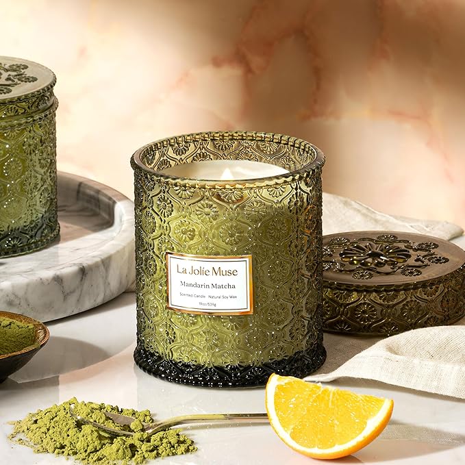 LA JOLIE MUSE Mandarin Matcha Candle - Bergamot, Matcha, Cedarwood | 19 oz Large Wooden Wick Candles | Natural Soy Wax | 90 Hours Clean Burn | Fresh Citrus Candle | Gift-Ready for Hosts - Bloomnest