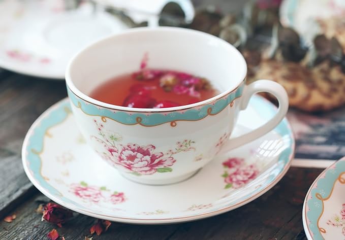 Jusalpha Fine China Tea Sets Vintage Rose Flower Series Coffee Cup-Teacup Saucer Spoon Set with Teapot Warmer & Filter (Rose Glass pot 03) - Bloomnest