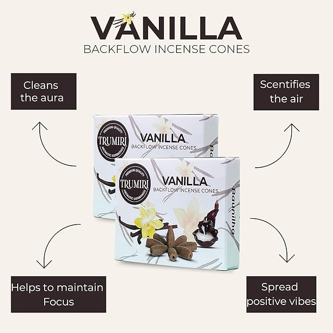 TRUMIRI Vanilla Backflow Incense Cones - Total 20 Incense Cones Waterfall - Dual Pack of 10 Incense Backflow Cones - Waterfall Incense Cones - Incense Waterfall Cones TRUMIRI
