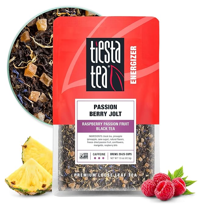 Tiesta Tea Passion Berry Jolt, Premium Loose Leaf, Classic Black Tea Blends, Raspberry Passion Fruit Black Tea, High-Caffeine, Hot or Iced Brews Up to 25 Cups, 1.5 Ounce Resealable Pouch - Bloomnest