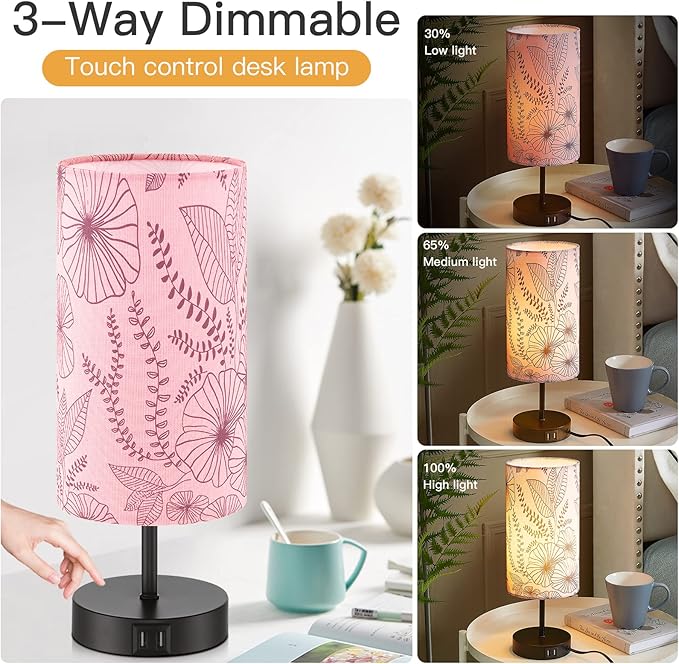 Touch Control Bedside Lamp with 2 USB Ports, 3-Way Dimmable Table lamp for Bedroom, Nightstand Lamp with Round Pink Flower Fabric Shade for Living Room Home Office (E26 LED Bulb Included) - Bloomnest