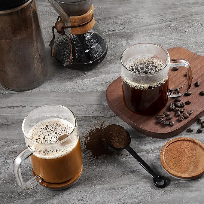 DRASTAR Glass Coffee Cups, 12 oz Clear Coffee Mugs, Flat Bottomed Cups with Acacia Wood Lid, Glass Tea Cup with Handle, Espresso Cappuccino Tea Cup Set of 2 - Bloomnest
