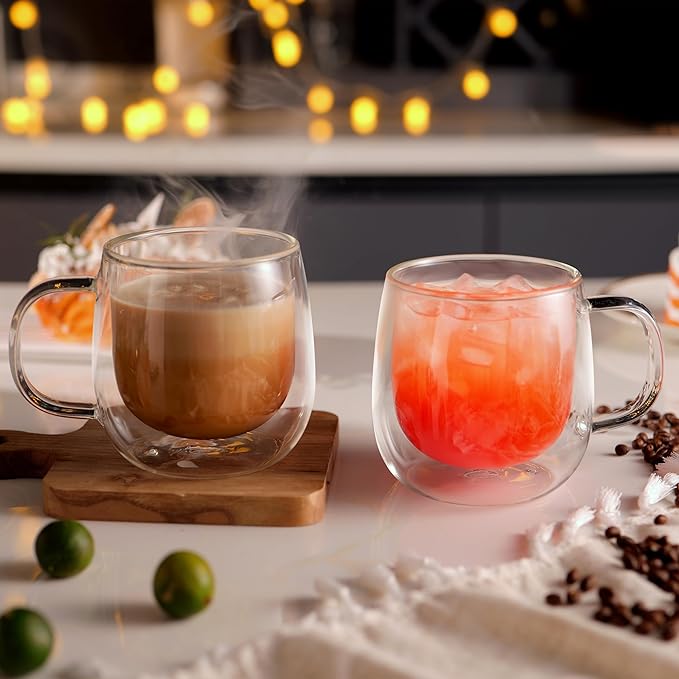 CNGLASS 16oz Double Walled Glass Coffee Mugs(2-pack),Large Clear Coffee Cups with Handle,Glass Espresso Mugs for Latte,Cappuccino,Tea - Bloomnest