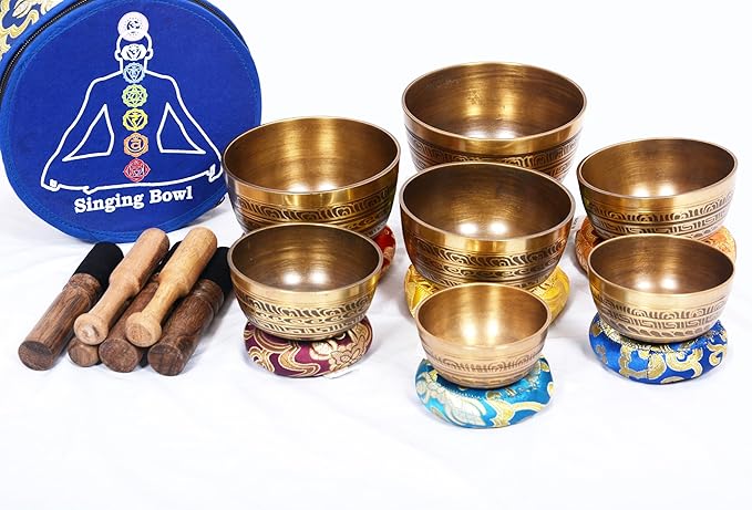 Set of 7 Chakra Etching Singing bowl- All in one- Handmade, healing bowls from Nepal-Meditation Bowl,Healing, Great for Meditation, Yoga, Sound Bath, Mindfulness, Relaxation ~ Cushion, Wooden Mallet