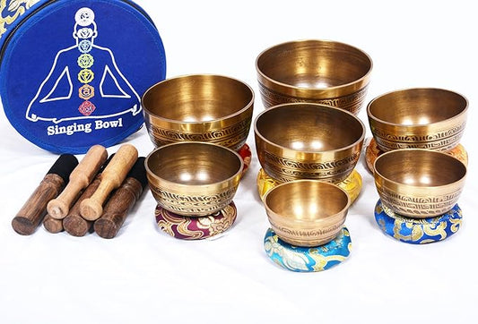 Set of 7 Chakra Etching Singing bowl- All in one- Handmade, healing bowls from Nepal-Meditation Bowl,Healing, Great for Meditation, Yoga, Sound Bath, Mindfulness, Relaxation ~ Cushion, Wooden Mallet