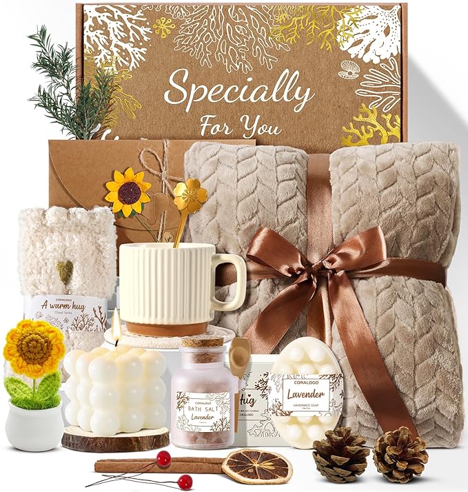 Coralogo Spa Gift Baskets for Women - Get Well Soon, Self Care, Relaxing Sunflower Gift Basket, 11pcs Spa Sets for Women, Luxury Gifts for Her Birthday Valentines Day Mothers Day
