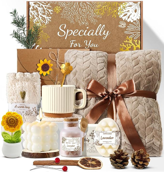 Coralogo Spa Gift Baskets for Women - Get Well Soon, Self Care, Relaxing Sunflower Gift Basket, 11pcs Spa Sets for Women, Luxury Gifts for Her Birthday Valentines Day Mothers Day