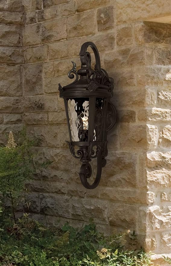 John Timberland Marseille Traditional Outdoor Wall Light Fixture Black Steel Scroll 19" Clear Hammered Glass Downbridge Arm for Exterior House Porch Patio Outside Deck Garage Front Door Home - Bloomnest