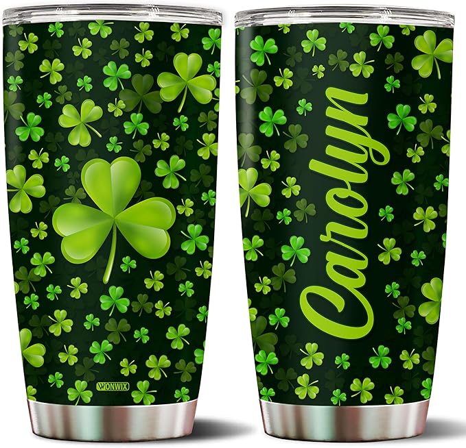 Personalized Green Irish Shamrocks Tumbler For Women with Lid Insulated 20 oz Stainless Steel Water Bottle Coffee Cup Travel Mug Gift For Mom Daughter Wife Girls - Bloomnest