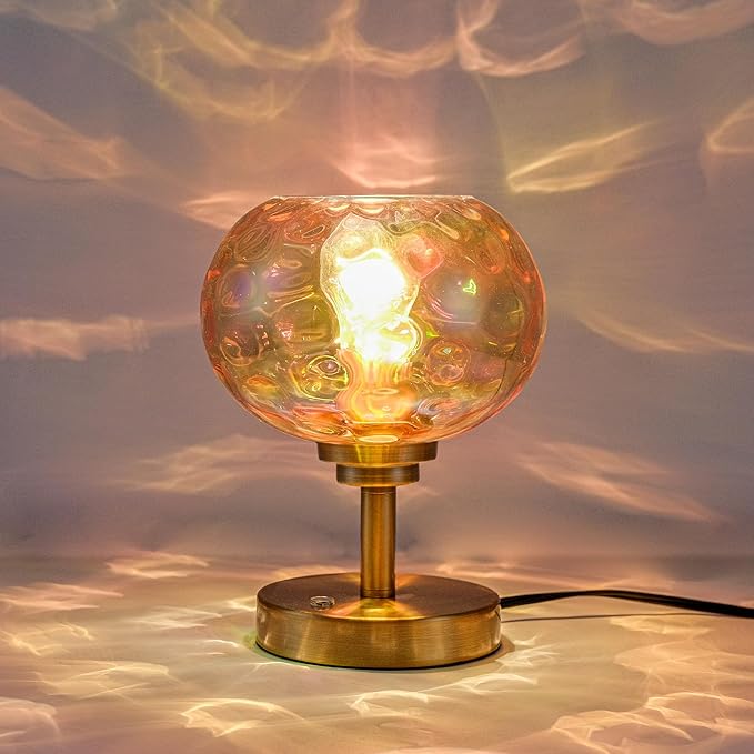 Touch Control Hammered Glass Table Lamp Brass Gold Portable Dimmable Brightness Small Nightstand Light 3-Way Stepless Dimming Bedside Bedroom Living Room (Colorful Amber Glass & Gold) - Bloomnest